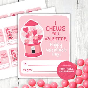 Printable Gum Valentine Cards, I Chews You Valentines, Kids Class Valentine Exchange Cards