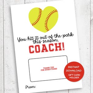 Softball Coach Geschenkkartenhalter Druckbare Karte für Softball Coach Saisonende Geschenk für Softball Coach Wertschätzung vom Team Geschenk