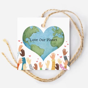 Etichetta regalo per la Giornata della Terra stampabile per bambini, Ama il nostro pianeta, Proteggi il pianeta, etichetta per dolcetti in classe, consapevolezza ambientale per studenti