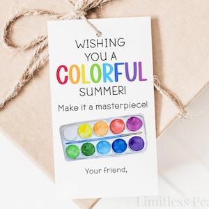Etiqueta de presente de fim de ano para sala de aula Etiqueta de presente para impressão para colega de classe Etiqueta para presente de verão Etiqueta de tinta para aquarela Etiqueta de tinta para festa de classe