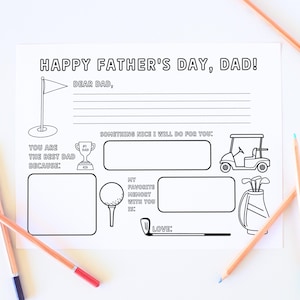 Página imprimible para colorear y completar con el Día del Padre Golfista, regalo para un papá golfista, regalo de golf de un niño, carta de recuerdo para papá