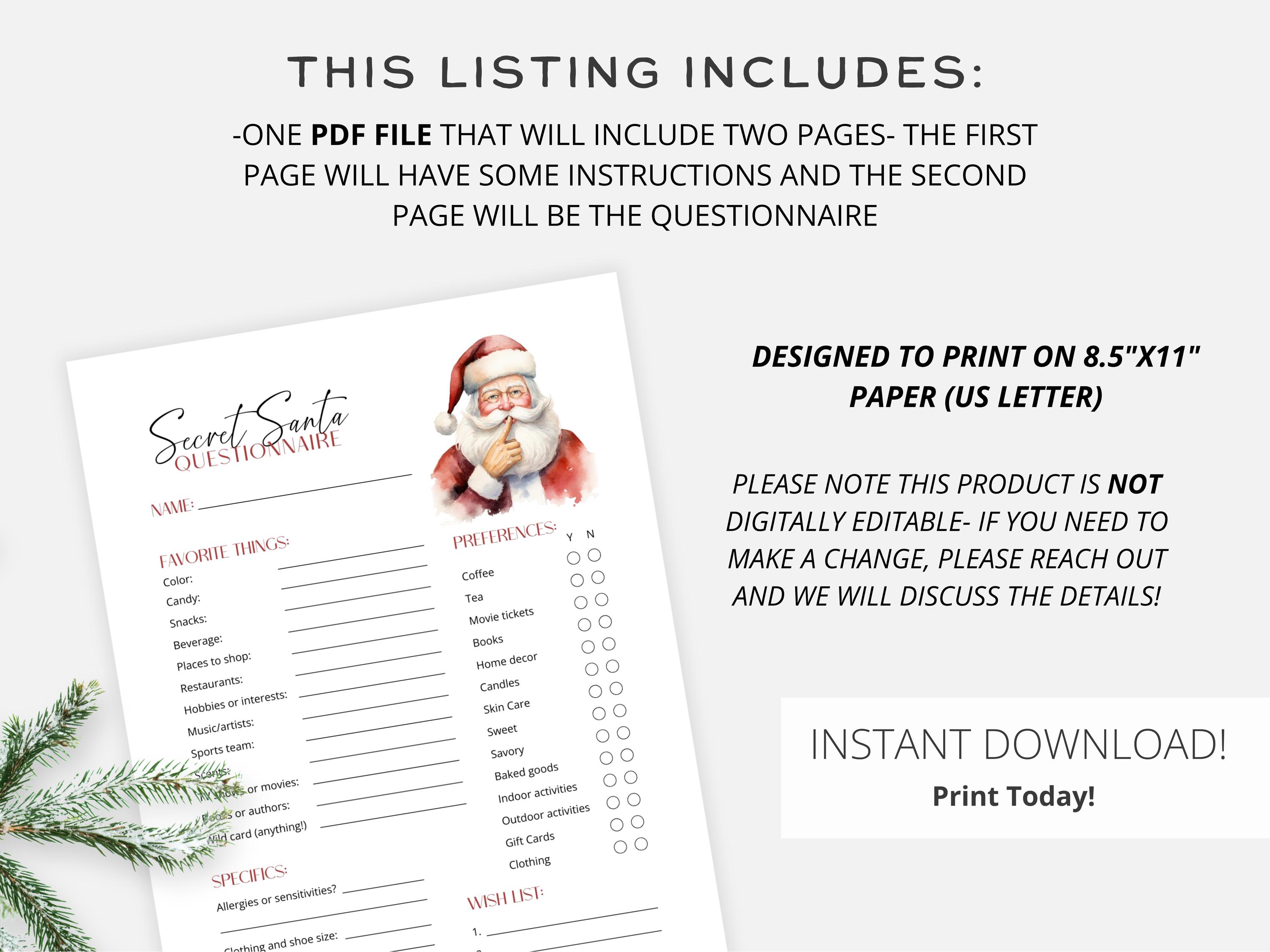 Secret Santa Questionnaire Printable Christmas Gift Exchange Form for ...