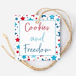 Etiqueta de biscoitos e liberdade, lembrancinha de 4 de julho, etiqueta de biscoitos para imprimir do Dia dos Veteranos, etiqueta patriótica do Memorial Day, etiqueta vermelha, branca e azul, estrelas
