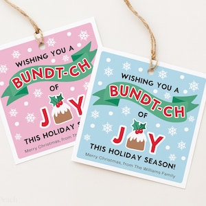 May include: Two square gift tags with twine, one pink and one blue. Each tag has the text "Wishing you a Bundt-ch of Joy" with a graphic of a bundt cake. The pink tag says "This Holiday Season!" and the blue tag says "Merry Christmas, from The Williams Family."