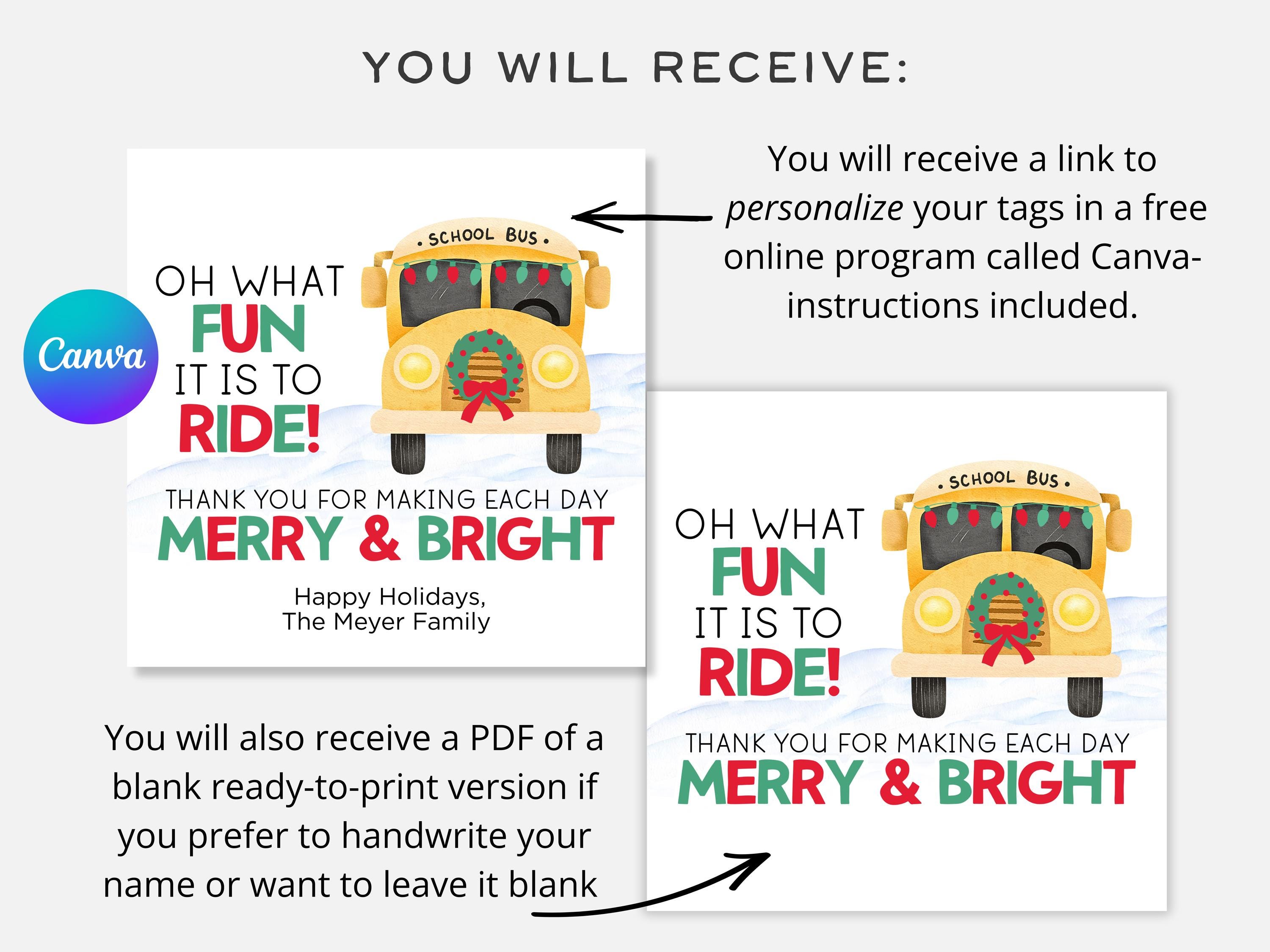 Christmas Bus Driver Gift Tag Printable Holiday Tag for Bus Driver ...