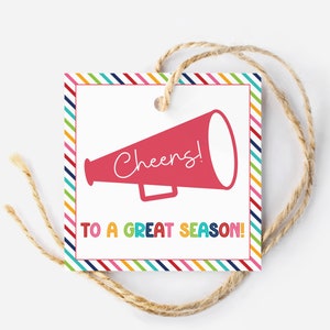 Etiqueta de dulces para animadoras, ¡Salud por una gran temporada!, Etiqueta de golosinas para el equipo de animadoras, Etiqueta de dulces arcoíris para inicio o fin de año, Día del partido de animadoras.