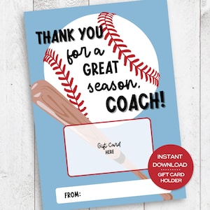 Porte-cartes cadeau entraîneur de baseball imprimable Fin de saison imprimable Cadeau de remerciement pour entraîneur Cadeau de groupe de l'équipe Carte de remerciement pour une excellente saison