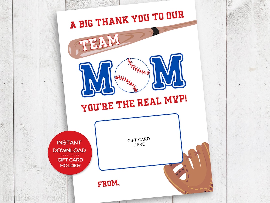 Baseball Team Mom Gift Card Holder Printable Card for Team Mom Baseball ...
