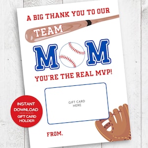 Portatarjetas de regalo para mamá del equipo de béisbol Tarjeta imprimible para mamá del equipo Regalo del equipo de béisbol para mamá del equipo Regalo de agradecimiento de fin de temporada para mamá del equipo