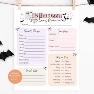 Puede incluir: Un cuestionario de regalo de Halloween imprimible en papel A4 (21 x 29,7 cm). El diseño incluye un fantasma, murciélagos y las palabras "Halloween Gift Questionnaire". Tiene secciones para cosas favoritas, especificaciones, una lista de deseos y una sección "Esto o aquello".