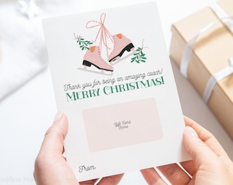 フィギュアスケートコーチのクリスマスギフトカードホルダー、印刷可能なハッピーホリデーカード、フィギュアスケートコーチへのホリデーギフト、アイススケートカード