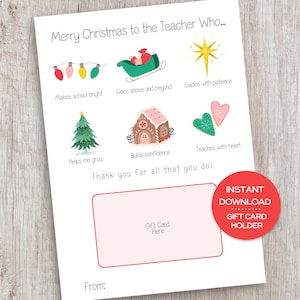 Lehrer Weihnachtsgeschenk Kartenhalter Druckbare Weihnachtskarte für Lehrer für Vorschule Lehrer Weihnachtsgeschenk Kartenhalter für die Grundschule