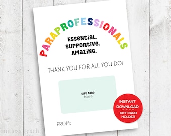 Paraprofessional Gift Card Holder Printable Card for Paraprofessional End of the Year Gift for Paraeducator Card for Classroom Assistant