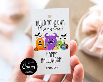 Build Your Own Monster Halloween Tag Printable Non Candy Halloween Favor Tag for Kids Classroom Halloween Tag For Class Party Gift Tag