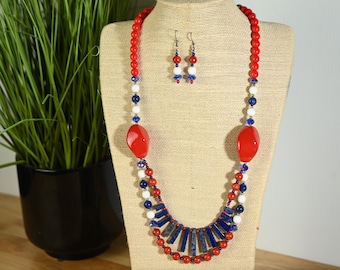 Beautiful Lapis Lazuli Fan and Coral Necklace and Earring Set