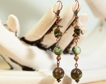 Elegant Green Opal Long Earrings with Copper Fastenings