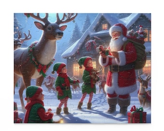 May include: A Christmas-themed puzzle featuring Santa Claus, elves, and reindeer in a snowy village scene. Santa is holding gifts, and the elves are wearing green and red outfits. The puzzle has a festive, whimsical design.