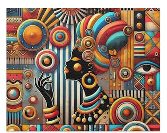 May include: A colorful jigsaw puzzle featuring an African woman's profile. The woman has dark skin, adorned with vibrant headwear and jewelry. The puzzle's background is a mosaic of geometric shapes and patterns in shades of blue, red, yellow, and orange.