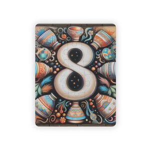 May include: A colorful jigsaw puzzle featuring the number eight surrounded by decorative pottery. The puzzle pieces are arranged to form the number eight, with various pots and vases in shades of blue, orange, and yellow. The background is dark.