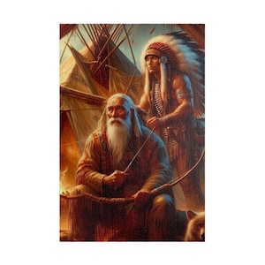 Puede incluir: Una impresión artística que representa a dos figuras nativas americanas. Una figura, un anciano con una larga barba blanca, sostiene un arco. La otra figura, de pie detrás, lleva un tocado de plumas. Una tienda tipi está en el fondo.