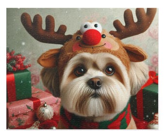 Puede incluir: Un perro Shih Tzu con un gorro de cuernos de reno y una bufanda a rayas rojas y verdes. El perro está rodeado de regalos de Navidad envueltos en verde, rojo y rosa. El fondo tiene un efecto suave y borroso.