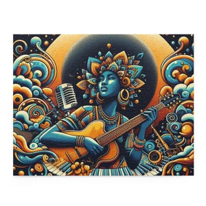 Jigsaw Puzzle, Afro Woman Playing Guitar in Front of Colorful Keyboard, Music Lover Gift, African American Art, 500 Piece Puzzle,