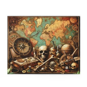 May include: A vintage-style puzzle featuring a world map, compass, skull, and treasure chest. The puzzle has a nautical theme with antique-looking elements, including a ship's wheel and coins. The color palette includes shades of brown, beige, and teal.