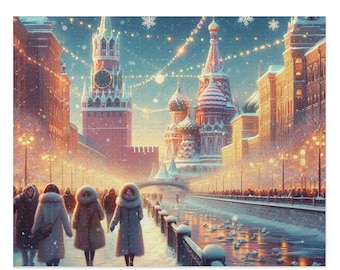 May include: A winter scene puzzle featuring a snowy cityscape with the iconic St. Basil's Cathedral and a clock tower. People in winter coats walk along a snow-covered path. The puzzle has a festive, warm color palette with soft lighting.