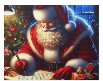 May include: A Christmas-themed jigsaw puzzle depicting Santa Claus writing a letter. Santa is wearing a red suit with white trim and a matching hat. A Christmas tree and gifts are in the background. The puzzle is made of many small pieces.