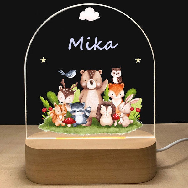 Personalized Night Light Custom Name Forest Woodland Friends  Lamp baby gift birth, children's room, bedside lamp, christening gift, lamp