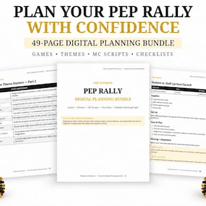 Könnte beinhalten: Ein 49-seitiges digitales Planungsbündel für Pep-Rallies mit schwarzem und goldenem Text auf weißen Seiten. Die Dokumente enthalten Themenvorschläge, MC-Skripte und Checklisten. Zwei schwarz-goldene Pompons befinden sich an den unteren Ecken.