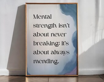 Póster con frase "Fortaleza mental", arte mural sobre resiliencia, impresión abstracta en acuarela azul (descarga digital)