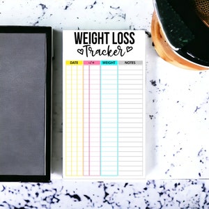 May include: A white weight loss tracker notepad with black text. The notepad has columns for date, weight change, weight, and notes. The title of the notepad is "WEIGHT LOSS Tracker".
