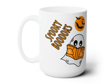 Retro Halloween Ghost Reading Mug - Spooky Season Coffee Cup (15oz)