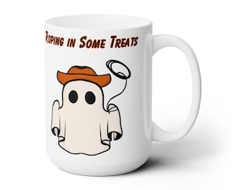 Retro Cowboy Ghost Coffee Mug - Halloween Cup, 15oz