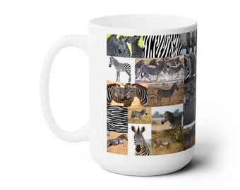 Taza de café con collage de cebra, regalo para amantes de los animales, cerámica de 15 oz