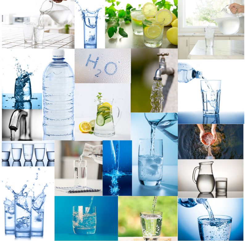 May include: A collage of images showing different ways to enjoy water. The images include glasses of water, a bottle of water, a jug of water with cucumber and lemon, a tap with water flowing, and someone pouring water from a jug into a glass. The text "H2O" is written in blue on a white background.