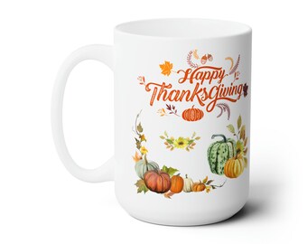 Thanksgiving Pumpkins Ceramic Mug: Hello Autumn, Grateful Gifts (15oz)