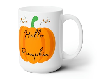 Hello Pumpkin Mug - Autumn Coffee Cup, 15oz Ceramic Mug