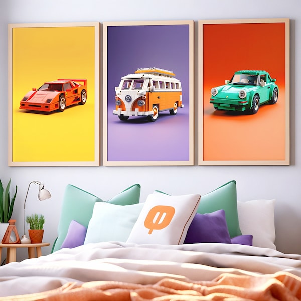 Iconic Sports Car Prints in Kids Building Block Style Set of 3 | Colorful Wall Art, Child & Teenager Room Toy Cars Decor