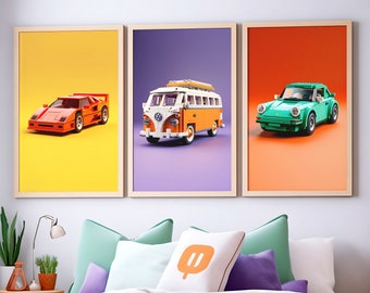 Kultige Sportwagen Prints im Kinder Bauklotz Stil 3er Set | Farbenfrohe Wandkunst für Kinder und Teenager, Spielzeugautos als Dekoration