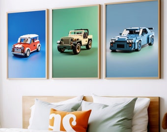 Berühmte exotische Auto Drucke # 2 im Kinder Bauklotz Stil 3er Set | Bunte Wandkunst | Kinderzimmer Dekor