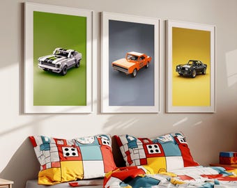 Kultige Muskelauto Drucke im Kinder Bauklotz Stil 3er Set | Bunte Wandkunst | Kinderzimmer Poster Dekor