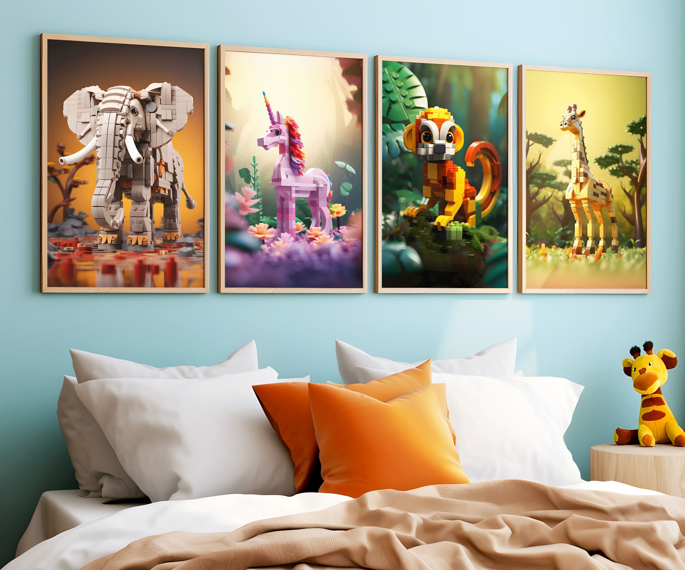 Kids Bauklotz Stil Jungle Animal Prints, 4er Set | Bunte Wandkunst | Dekor für Kind, Babyzimmer, Spielzimmer
