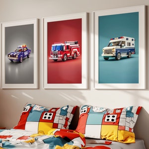Notdienst Auto Drucke im Kinder Bauklotz Stil 3er Set | Bunte Wandkunst | Kinderzimmer Poster Dekor