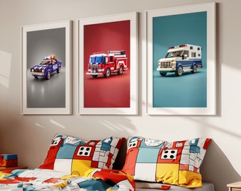 Notdienst Auto Drucke im Kinder Bauklotz Stil 3er Set | Bunte Wandkunst | Kinderzimmer Poster Dekor