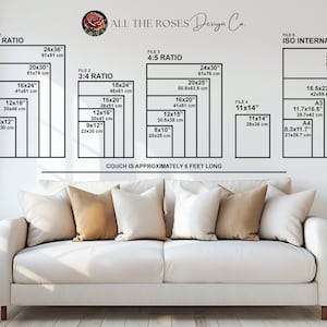 K&ouml;nnte beinhalten: Eine wei&szlig;e Wand mit einem wei&szlig;en Sofa davor. Die Wand zeigt eine Tabelle mit verschiedenen Druckgr&ouml;&szlig;en und ihren entsprechenden Ma&szlig;en in Zoll und Zentimetern. Die Tabelle ist mit "All the Roses Design Co." betitelt und enth&auml;lt den Text "ISO International".