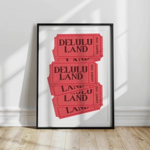 Plakat biletowy Retro Delulu Land | Modny plakat retro | Modny wystrój salonu | Dekoracja ścienna mieszkania | Wydruk artystyczny biletu