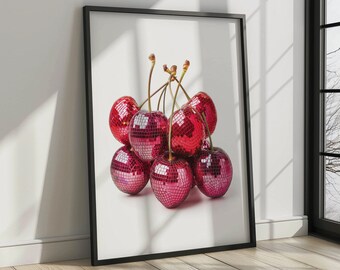Diskokugel Kirschen | 70er Jahre Retro Wand Kunst | Trendiges Haus Poster | Rot Ästhetik | Sommerhaus Poster | Vintage adrette Kunst