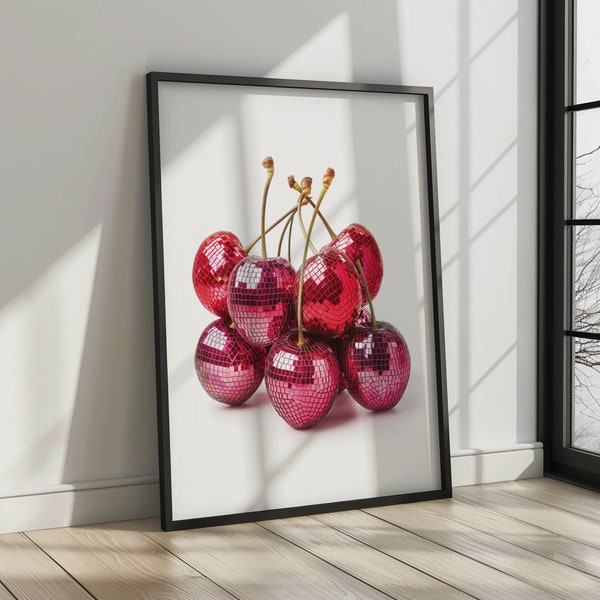 Disco Ball Cherries | 70s Retro Wall Art Print | Trendy House Poster | Red Aesthetic | Summer House Poster | Vintage Preppy Art